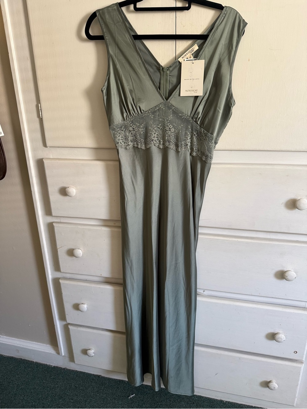 Lace-Trim Maxi Nightdress in Sage Green by Unknown